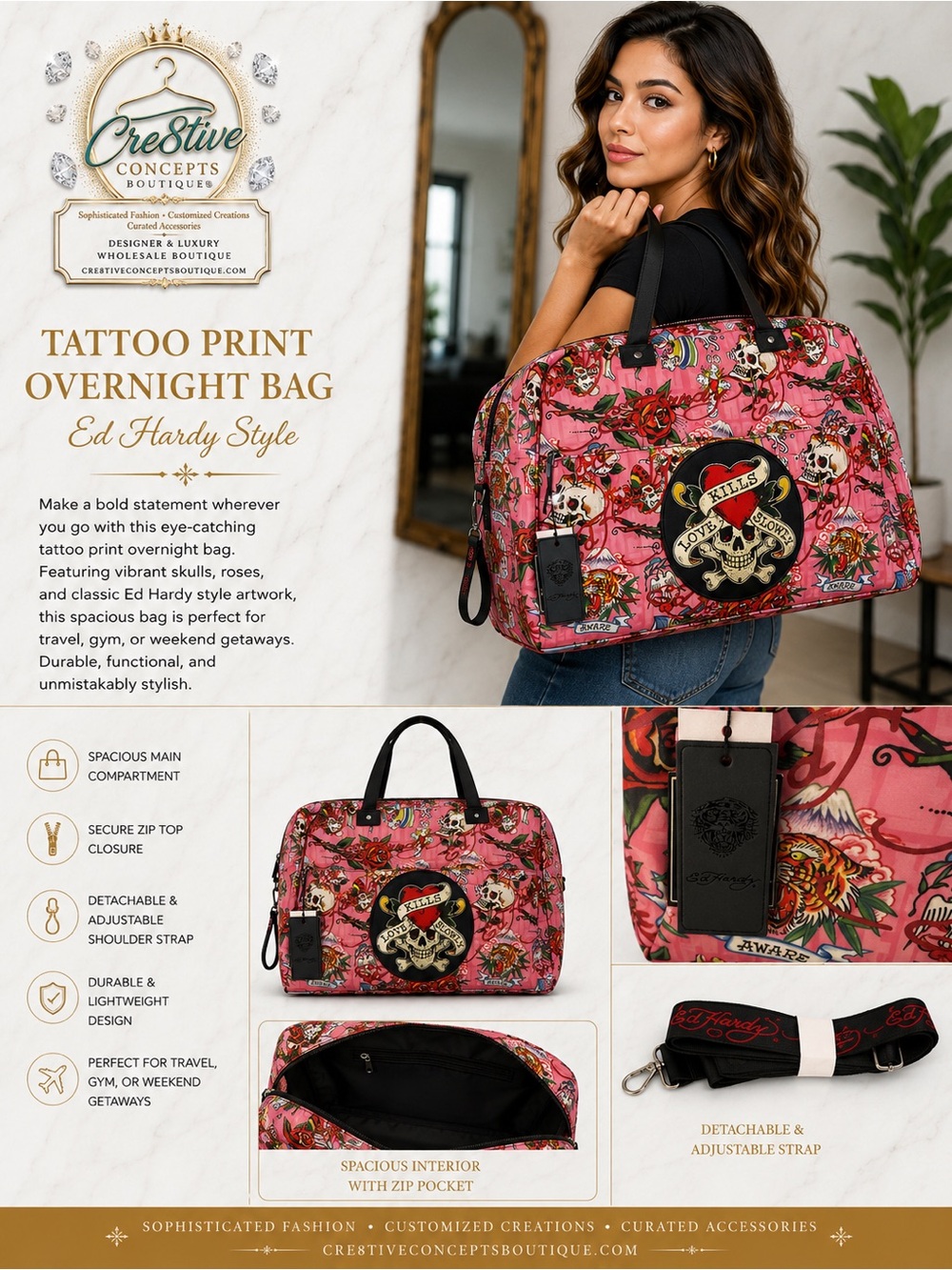 Ed Hardy Limited Edition Pink Tattoo Print Duffel Travel Weekender Bag - Picture 2 of 5